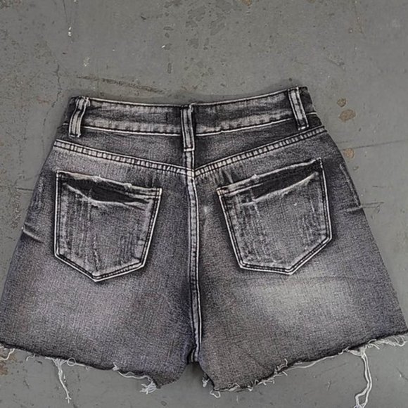Women's Black High Waist Distressed Cutoff Denim Jean Shorts - Picture 3 of 3